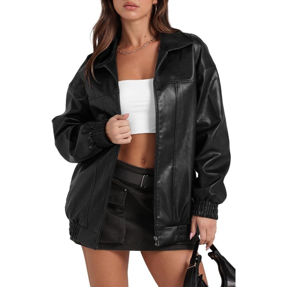 Women Faux Leather Jacket Oversized A Black Moto Bomber Coat Fall Winter Outfits